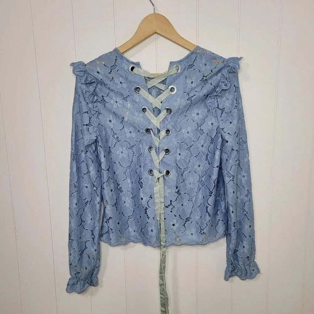 H&M Divided Top Women's 6 Blue Cropped Crochet Lace Coquette Fairy Boho New